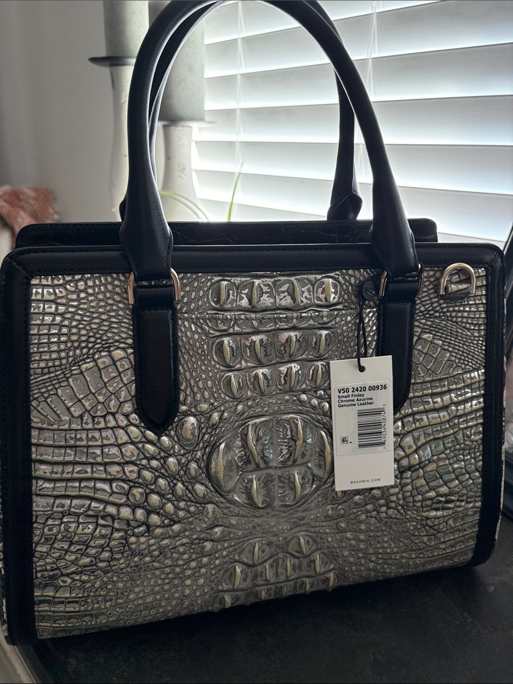 Brahmin Silver Croc-Embossed Satchel with Black Trim and Tassel Charm